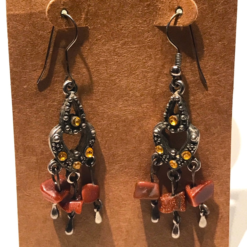 Amber Stone Accent & Bronze Rock Dangle Earrings